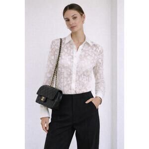 Anne Fontaine White Sheer Floral Button Down Blouse Small French Top Sheer